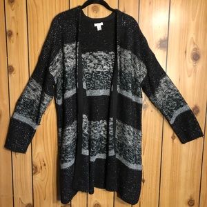 Silver and black Chico’s cardigan sweater.